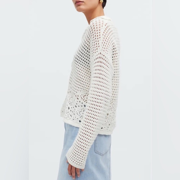 Madewell Crochet Polo Eyelet Long sleeve Open Knit LooseKnit Sweater euro summer - Picture 2 of 9